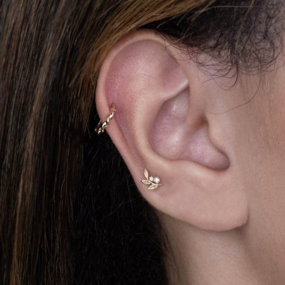 Olive branch threaded piercings (pair) - natural diamonds in 14k yellow gold